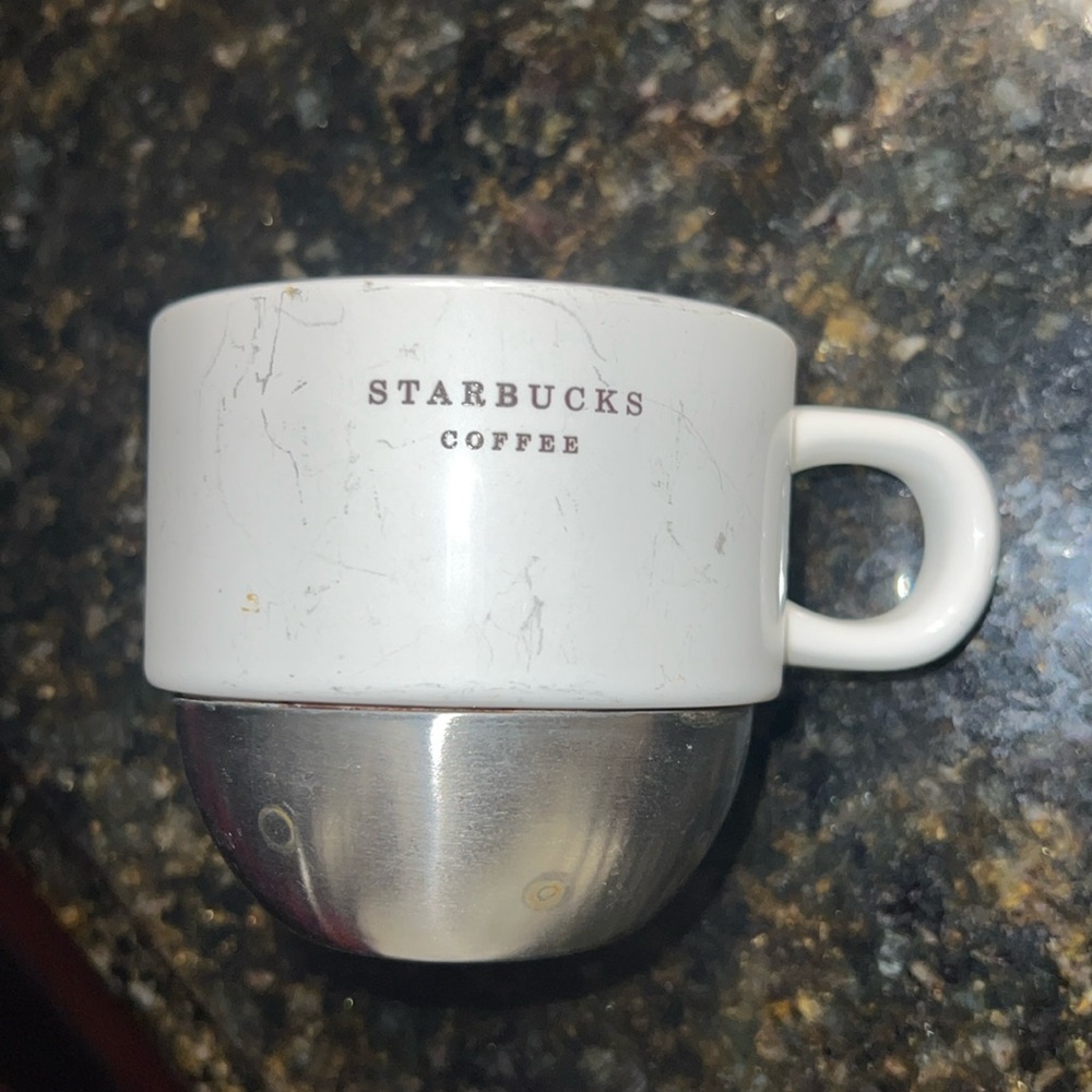 Starbucks White Ceramic Mug Silver Stainless Steel Bottom 2007